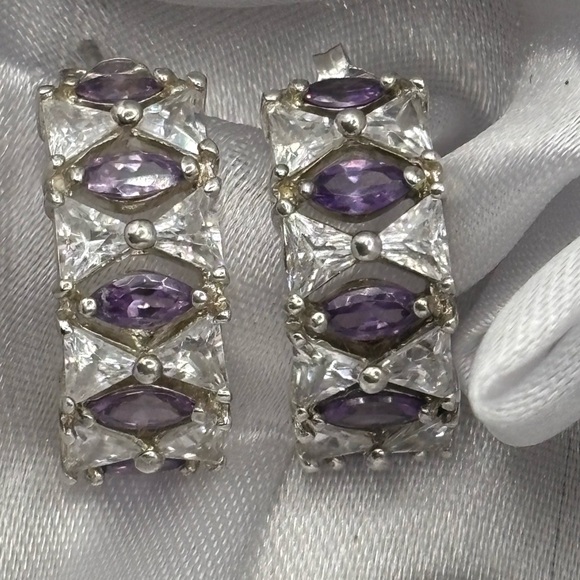 Diamond Silver Amethyst Huggie 
Hoop Earrings - Picture 3 of 9